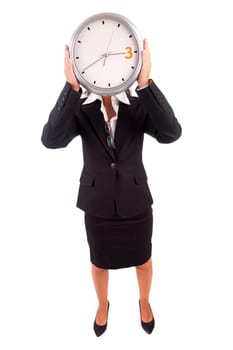 Business woman holding a clock, isolated