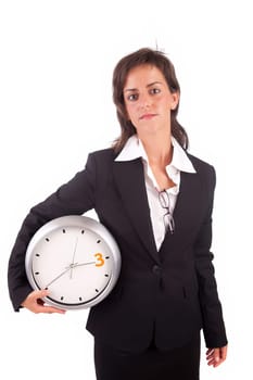 Business woman holding a clock, isolated