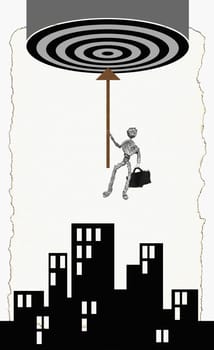 Figurine of a man holding an arrow above buildings