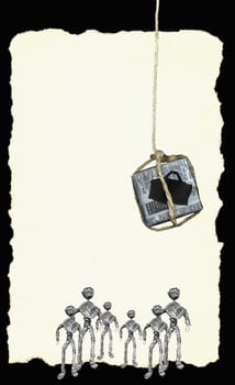 Box wrapped in newspaper dangling from a rope