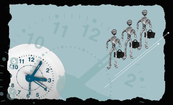 Figurines of three people standing in front of a clock