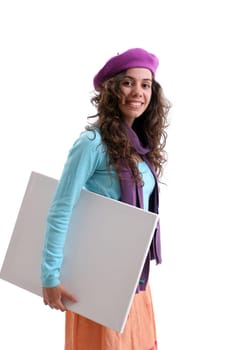 young girl holding an empty white card, isolated