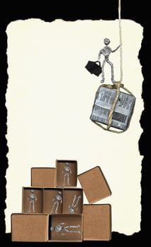 Person standing on a box over newspaper figurines in boxes