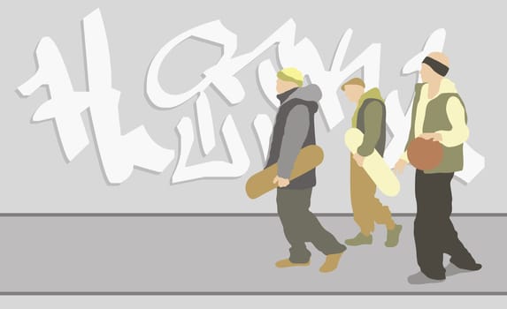 Young men with skateboards and a basketball