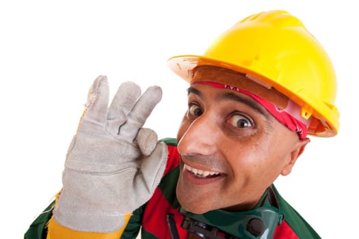 Happy construction worker, isolated on white