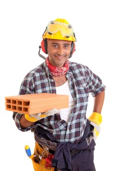 Construction worker offering services, isolated over white