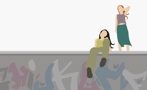 Low angle view of two women on a wall