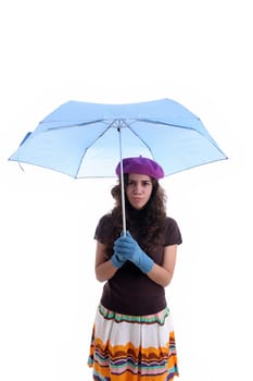 Young woman under an umbrella, posing over white