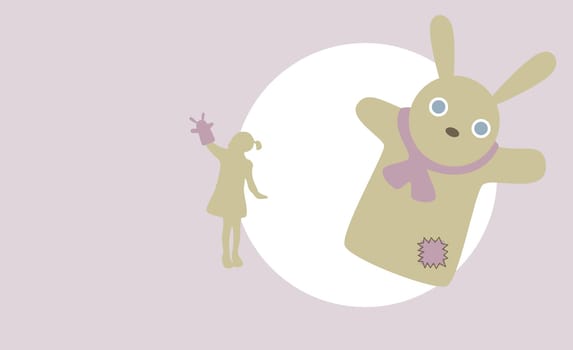 Hand puppet with a girl playing in background