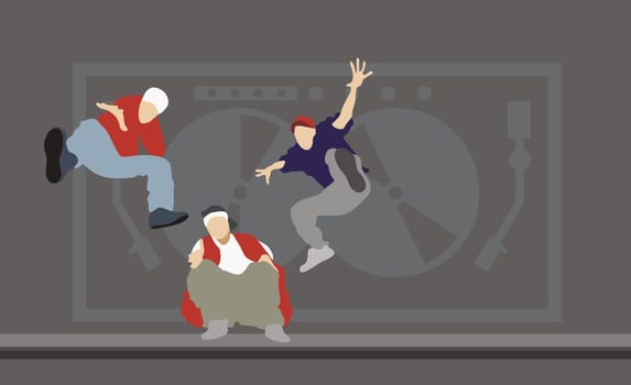 Three men dancing in front of a turntable
