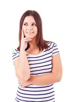A portrait of a young woman trying to make a decision, isolated over white background