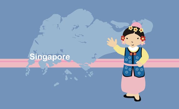 Girl in traditional clothing near map of Singapore