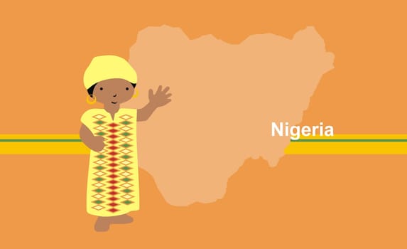 Girl in traditional clothing near map of Nigeria