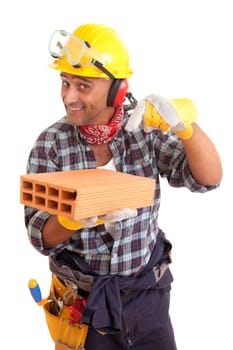 Construction worker offering services, isolated over white