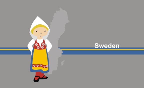 Girl in traditional clothing near map of Sweden