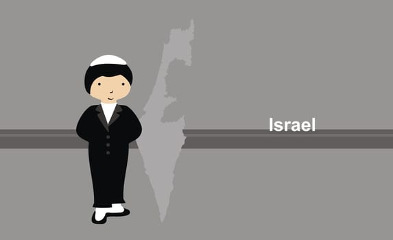 Boy wearing traditional clothing near map of Israel