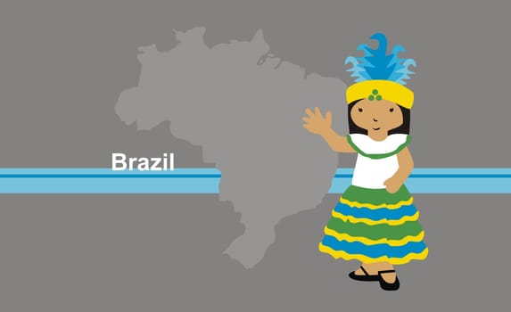 Girl in traditional clothing near map of Brazil