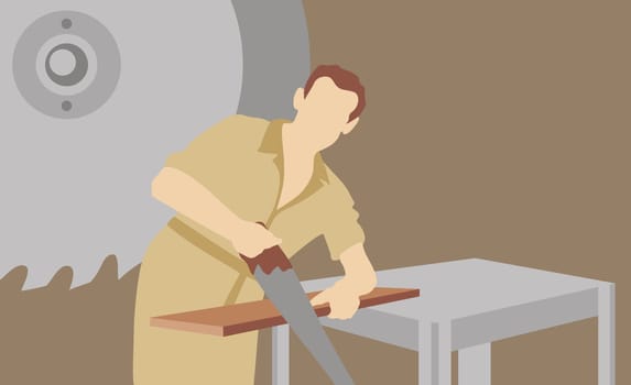 Carpenter sawing a wooden plank