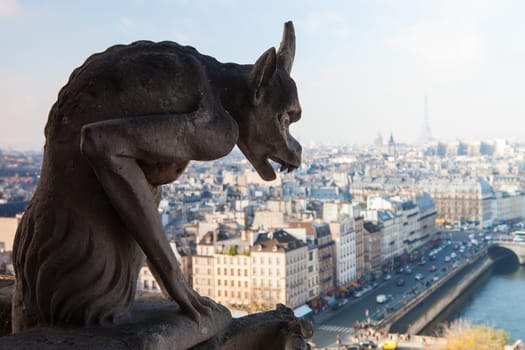 Notre Dame of Paris: Famous Chimera (demon) overlooking the Eiffel Tower at a summer day