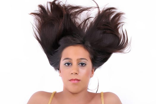 Closeup portrait of a beautiful young woman, over white background