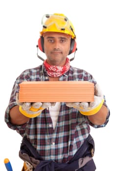 Construction worker offering services, isolated over white