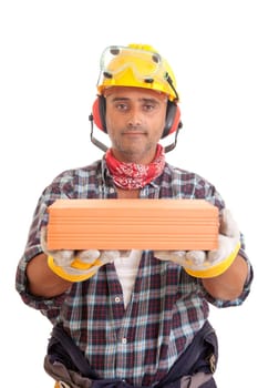 Construction worker offering services, isolated over white