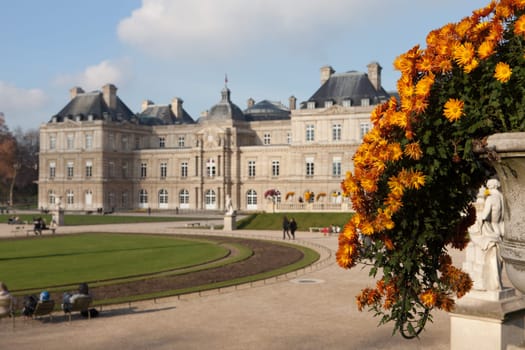 The Luxembourg Palace in Paris, France - Selective focus on flowers