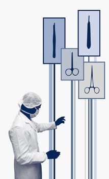Surgeon standing beside diagrams of surgical equipment
