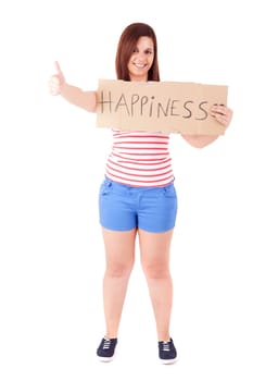 Pretty young woman holding happiness card