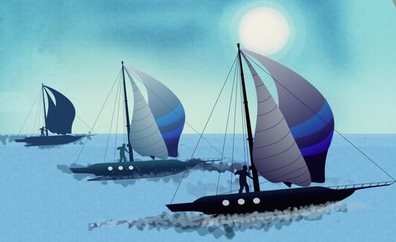 Three sailboats in a row in the sea