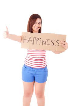 Pretty young woman holding happiness card