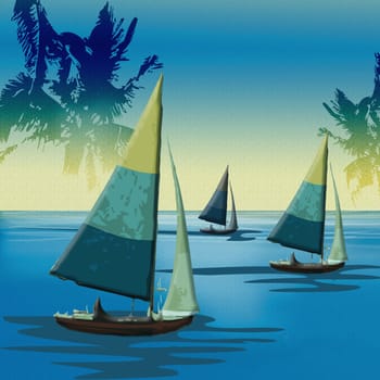 Three sailboats in the sea