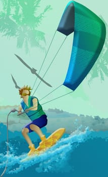Man waterskiing with a parachute