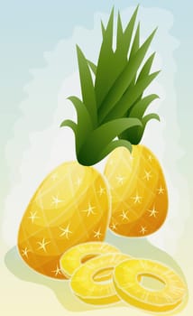 Two whole pineapples with pineapple slices