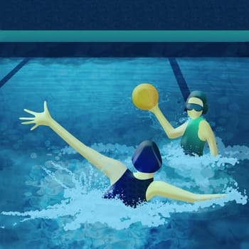 Two women playing with a ball in swimming pool