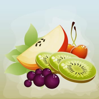 Kiwi fruit slices with apples and red grapes