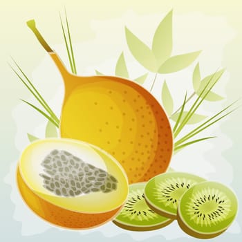 Close-up of a fig with kiwi fruit slices