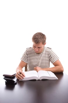 Young boy studying, isolated over white background
