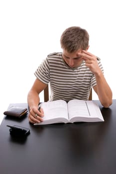 Young boy studying, isolated over white background