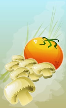 Close-up of a tomato with mushrooms