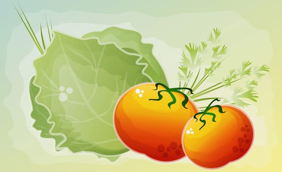 Two tomatoes with a cabbage and cilantro