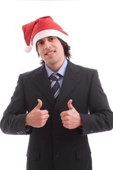 Businessman with Christmas hat showing thumbs up