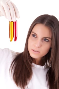 Young scientist at lab, isolated over white