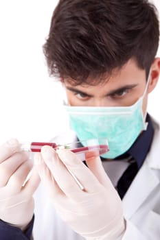 Young scientist at lab, isolated over white