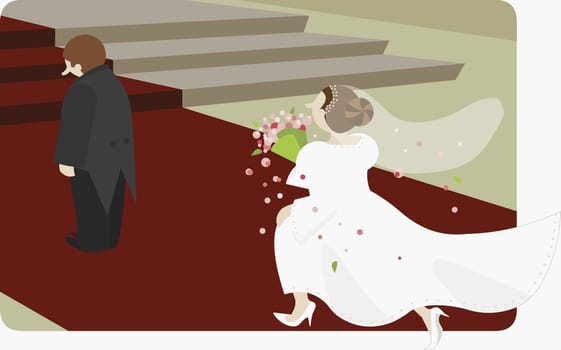 Rear view of a bride running towards a groom