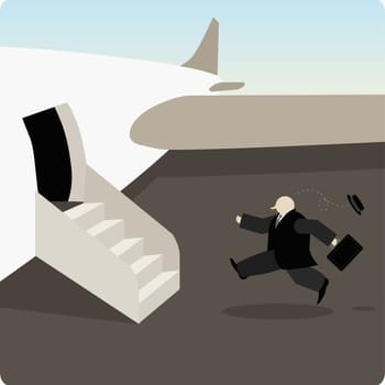 Businessman rushing towards an airplane