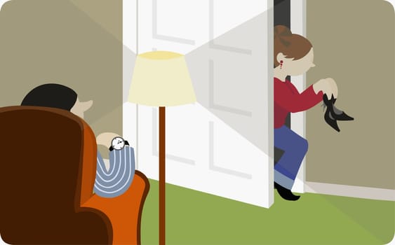 Girl sneaking into her house with her father waiting for her