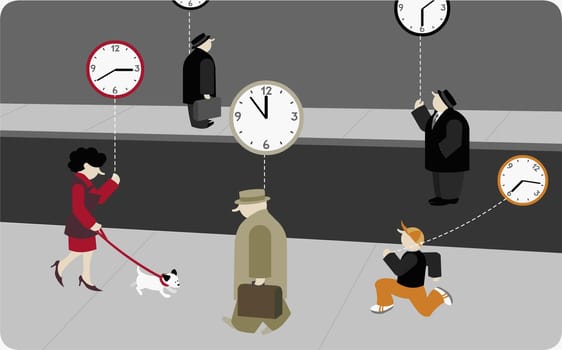 Five people holding floating clocks attached to strings