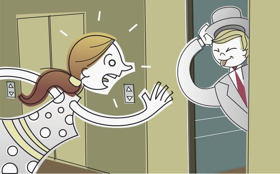 Woman running towards an elevator