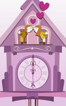 Girl and a boy kissing on a cuckoo clock